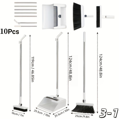 3-in-1 Upright Broom and Dustpan Set with Long Handle, Comb Teeth Dustpan, Garbage Bag Holder – Indoor Outdoor Floor Sweeping Brush Kit for Kitchen Balcony Patio Garage