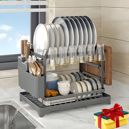 Metal Dish Drying Rack 2 Tier with Drainboard – Rust-Resistant Countertop Dish Drainer, Space-Saving Kitchen Organizer for Plates Cups Utensils, Available in Gray White Black