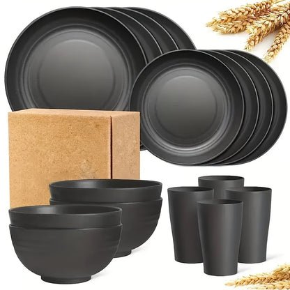 Dinnerware Set 16 Piece Wheat Straw Plates Bowls Cups - Unbreakable Dishwasher Microwave Safe Lightweight Dish Set for Camping Outdoor Daily Use, Modern Black Tableware