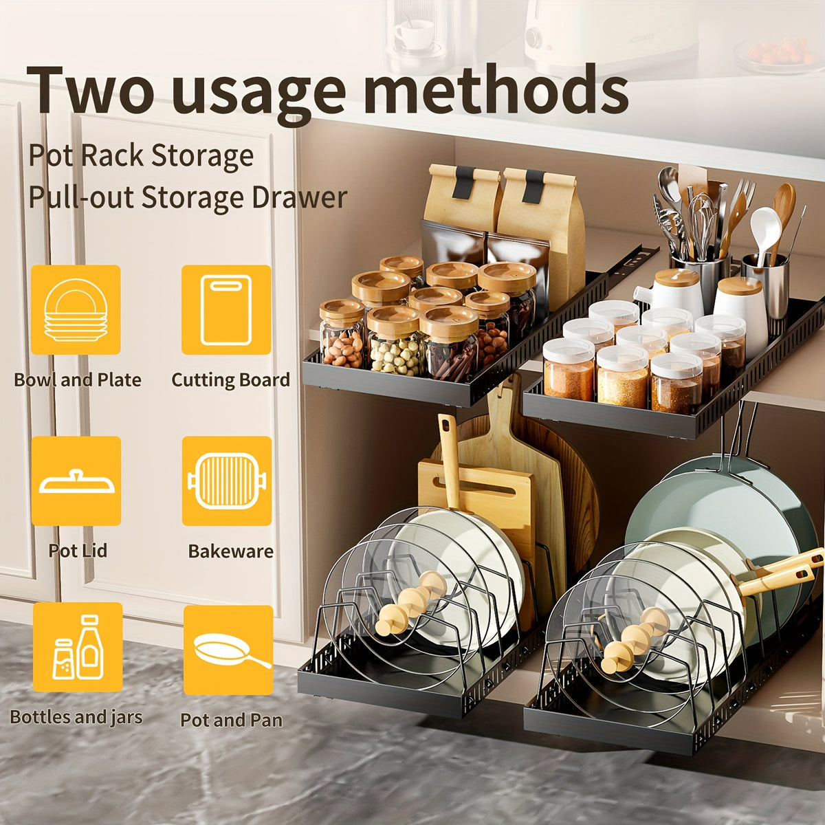 Pull-Out Cabinet Organizer with Adjustable Dividers – Sliding Pot Lid Holder & Pan Rack for Kitchen Cabinets, Drill-Free Install, Space-Saving Under Cabinet Storage for Lids, Pans & Bakeware
