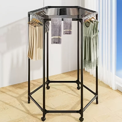 Rotating Clothes Rack Hexagonal – Freestanding 360° Rotary Vertical Clothing Hanging Rack for Laundry Room Bedroom, Space Saving Garment Organizer for Small Apartment, Black or White with Optional Mesh Bag