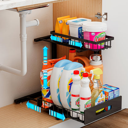 Metal Pull Out Under Sink Organizer with Sliding Drawer – Sturdy Steel Under Sink Storage Shelves for Kitchen & Bathroom Cabinet Organization, Black White Gray, 1 Pack & 2 Pack