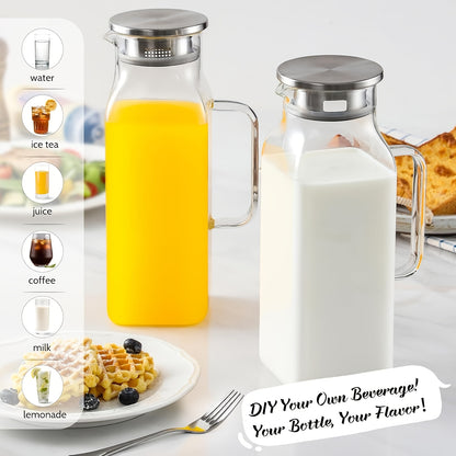 Glass Pitcher with Lid 68oz 2L Square Borosilicate Water Jug for Fridge Iced Tea Coffee Lemonade – Heat Resistant Carafe for Hot Cold Drinks, 1 or 2 Pack Bundle