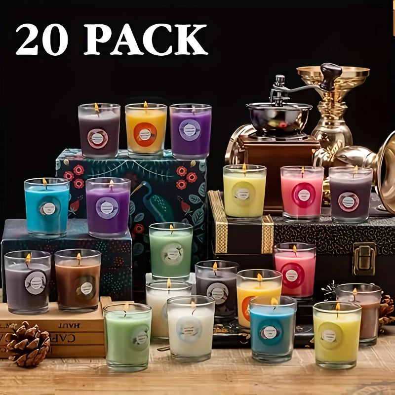 Scented Soy Wax Candles Gift Set 20 Pack, 10 Aromas Lavender Vanilla Jasmine in Glass Jars with Dried Flower Labels, Individually Wrapped Aromatherapy Candles for Birthday Christmas Valentine Wedding Home Decor