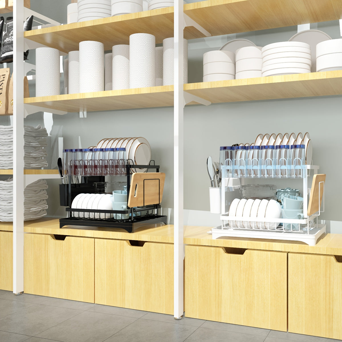 Kitchen Countertop Dish Drainer Rack 2 Tier Stainless Steel - Gold Dish Drying Rack with Knife Block, Cup Holder & Cutlery Caddy - Rust Proof Kitchen Organizer for Plates, Bowls & Utensils - Housewarming Gift