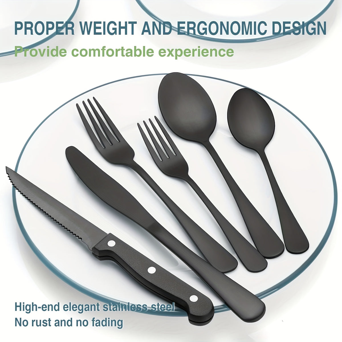 Silverware Set 48 Piece with Steak Knives Service for 8 – Stainless Steel Flatware Cutlery Set, Mirror Finish, Dishwasher Safe | Silver & Black Utensils for Home Kitchen Dining