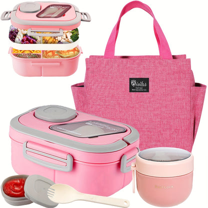 Bento Lunch Box Set with Bag and Cup, 2-Layer Multi-Compartment Meal Prep Container for School Office Picnic, Leakproof Food Storage Box with Insulated Lunch Bag, Pink Blue Green White