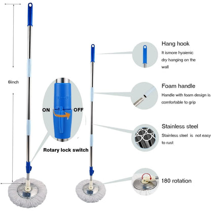 360° Spin Mop and Bucket Set – Wet & Dust Floor Mop for Home with 2 Mop Heads Included Self-Wringing Spinning Mop for Hardwood Tile Laminate & Vinyl Floor Cleaning in Blue or Red