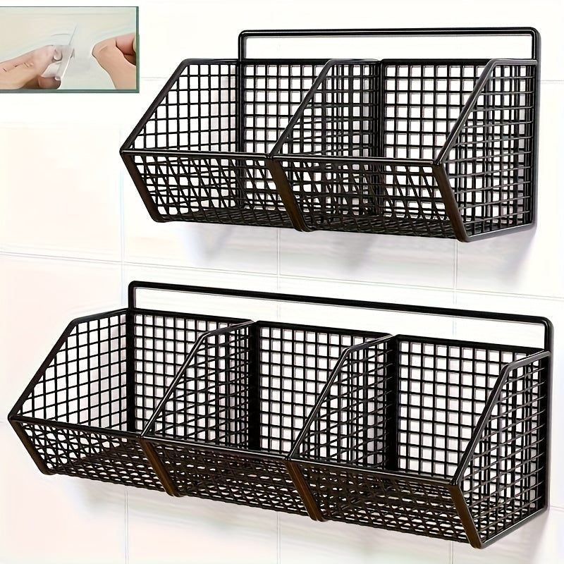 Kitchen Wall Organizer Wire Storage Shelf – No Drill Traceless Wall Rack for Garlic, Onions, Vegetables & Spices, 2 or 3 Grid Space-Saving Compact Kitchen Storage, Black