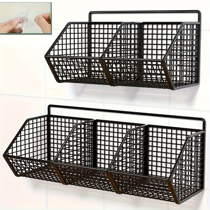 Kitchen Wall Organizer Wire Storage Shelf – No Drill Traceless Wall Rack for Garlic, Onions, Vegetables & Spices, 2 or 3 Grid Space-Saving Compact Kitchen Storage, Black