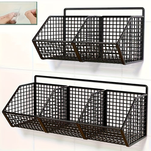 Kitchen Wall Organizer Wire Storage Shelf – No Drill Traceless Wall Rack for Garlic, Onions, Vegetables & Spices, 2 or 3 Grid Space-Saving Compact Kitchen Storage, Black
