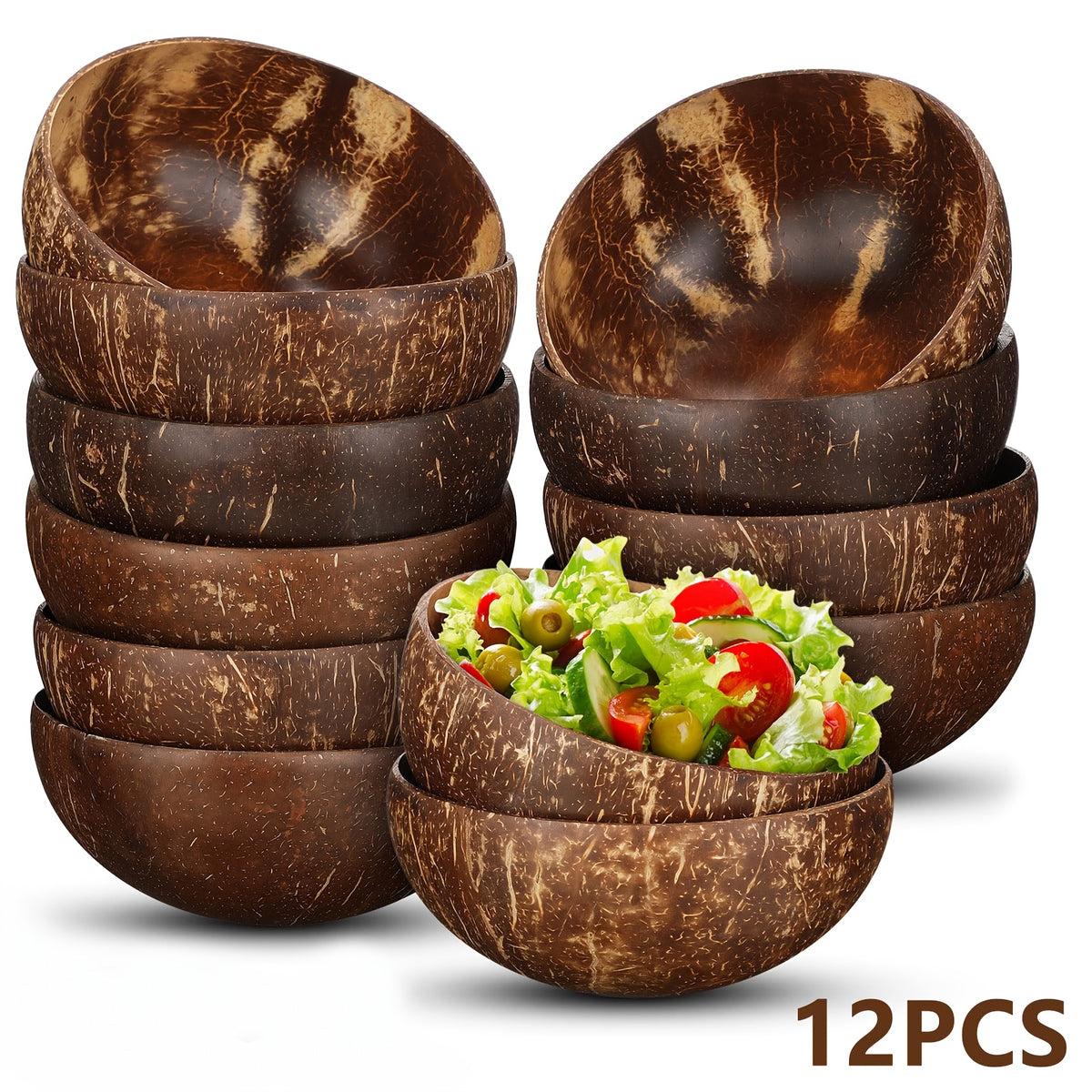 Coconut Shell Bowls Polished Natural – Smoothie Acai Salad Fruit Yogurt Serving Bowls, Rustic Decorative Wooden Bowls for Kitchen Decor, Vegan Gift Set of 3 or 12 | Home Viaco