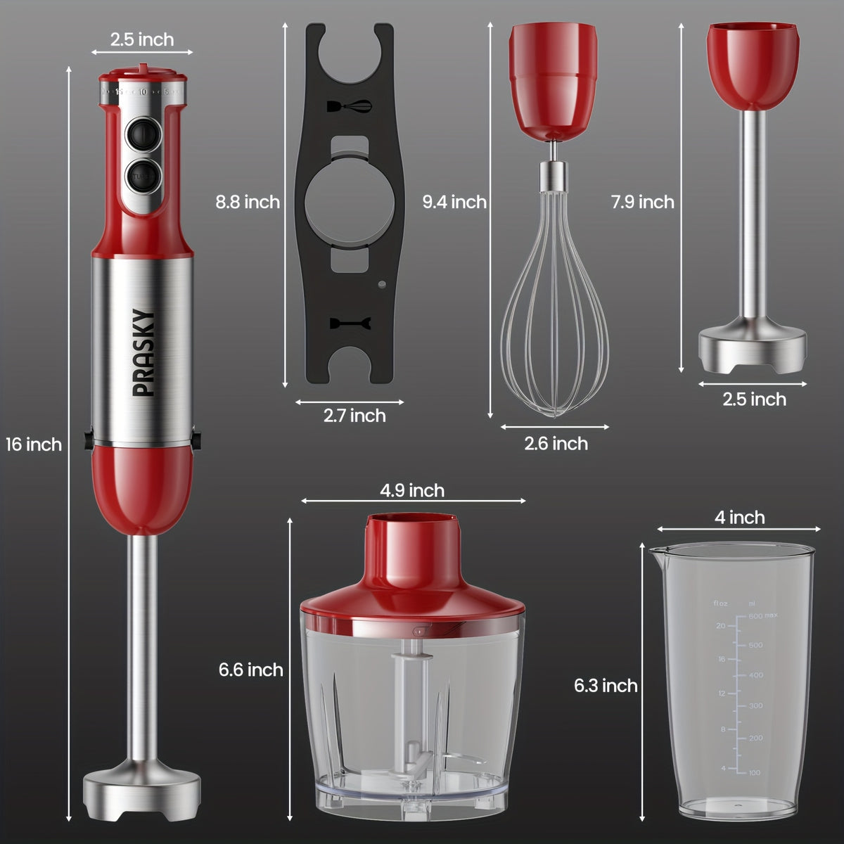 5-in-1 Handheld Immersion Blender Mixer Heavy Duty – Electric Hand Mixer with Whisk Meat Chopper Measuring Cups Attachments for Kitchen Cooking Baking Blending Soups Smoothies Black Red