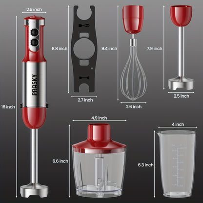 5-in-1 Handheld Immersion Blender Mixer Heavy Duty – Electric Hand Mixer with Whisk Meat Chopper Measuring Cups Attachments for Kitchen Cooking Baking Blending Soups Smoothies Black Red