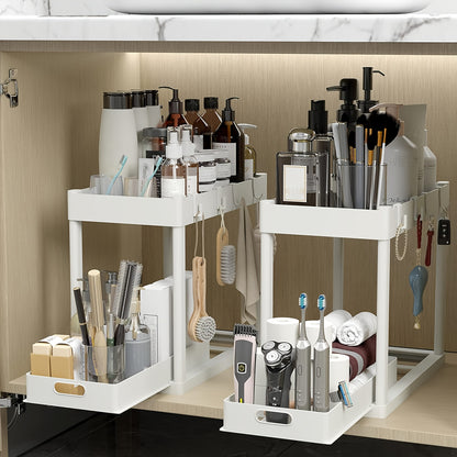 Under Sink Organizer 2 Pack – Double Tier Sliding Storage Basket with 8 Hooks, Adjustable Cabinet Organizer for Kitchen Bathroom Under Sink Storage, Moonlight White Matt Black Light Gray