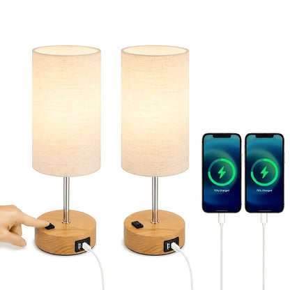 Dimmable Table Lamp with USB Charging Port and AC Outlet, 3-Way Touch Control Bedside Nightstand Lamp with Wood Metal Base and LED Bulb Included, Modern Desk Light for Bedroom Living Room Office