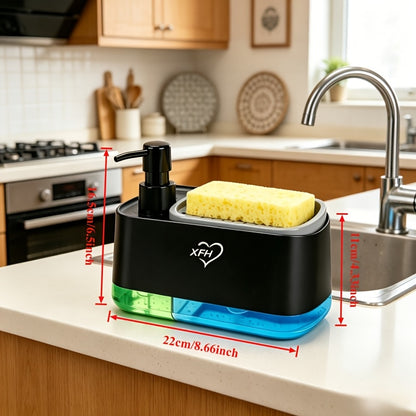 Soap Dispenser with Built-In Sponge Holder, Leak-Proof Battery-Free Pump, Space-Saving Countertop Organizer for Kitchen & Bathroom, Hygienic Hands-Free Design, Durable Rectangular Dispenser