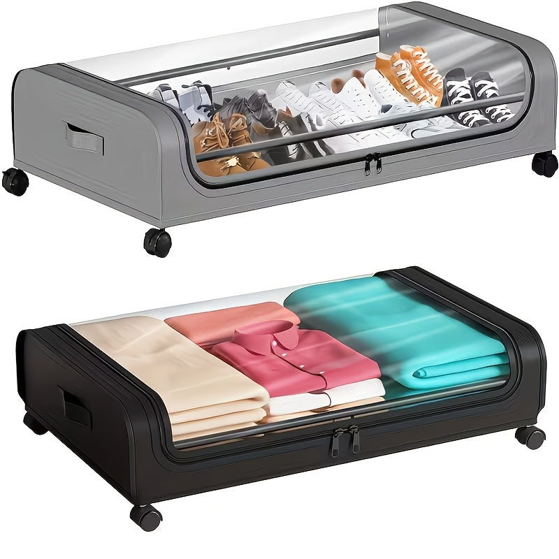 Under Bed Storage Organizer with Wheels and Lid – 2 Pack Metal Underbed Rolling Bins for Clothes, Bedding, Shoes, Blankets & Books, Black/Grey