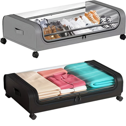 Under Bed Storage Organizer with Wheels and Lid – 2 Pack Metal Underbed Rolling Bins for Clothes, Bedding, Shoes, Blankets & Books, Black/Grey