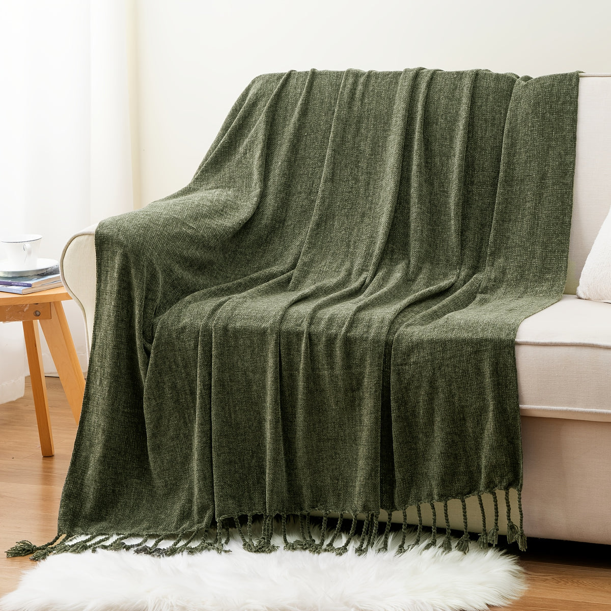 Boho Chenille Throw Blanket with Fringe 50x60 Inch – Soft Velvety Decorative Fringe Throw for Sofa Couch Bed Living Room Home Decor 17 Colors Cozy Gift for Women