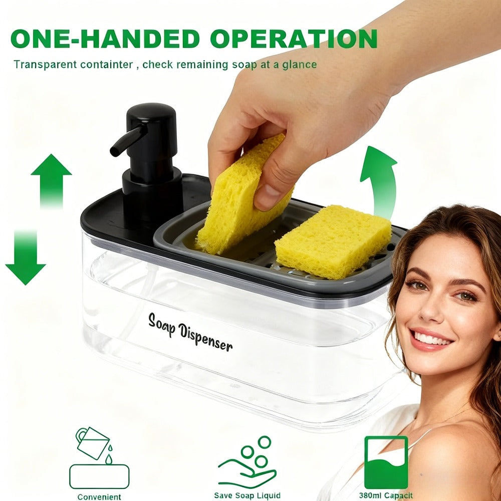 Soap Dispenser with Built-In Sponge Holder, Leak-Proof Battery-Free Pump, Space-Saving Countertop Organizer for Kitchen & Bathroom, Hygienic Hands-Free Design, Durable Rectangular Dispenser