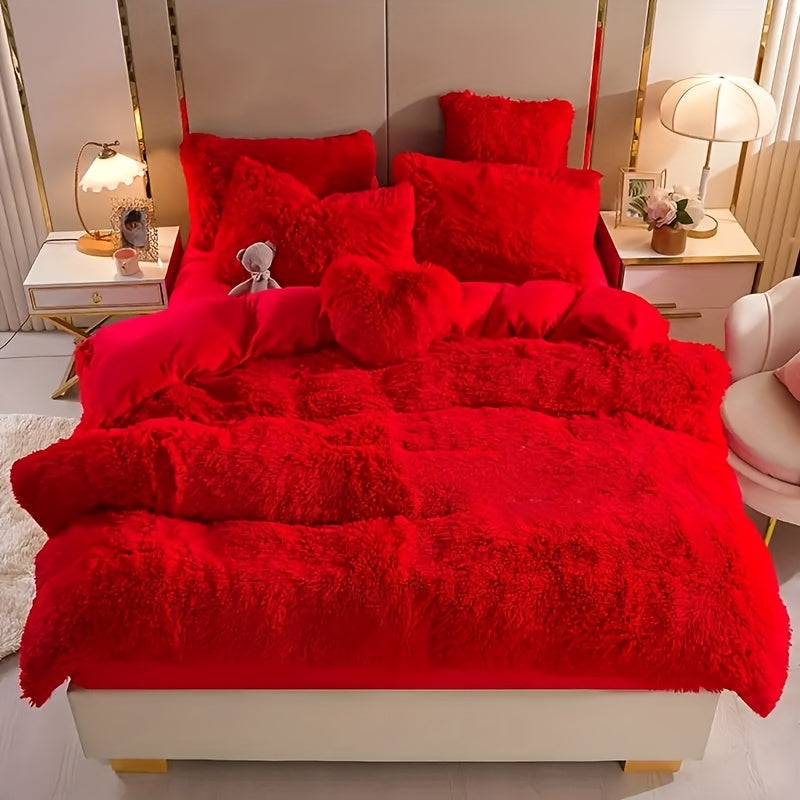 Fluffy Duvet Cover Set 4 Piece Queen King, Soft Plush Comforter Cover with 2 Pillow Shams All Season Cozy Bedding Set No Insert, in Purple Red Pink Gray Yellow Blue Beige Black