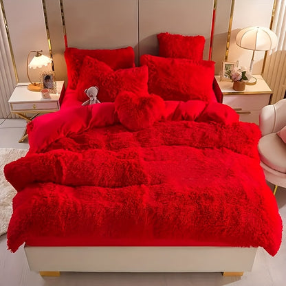 Fluffy Duvet Cover Set 4 Piece Queen King, Soft Plush Comforter Cover with 2 Pillow Shams All Season Cozy Bedding Set No Insert, in Purple Red Pink Gray Yellow Blue Beige Black