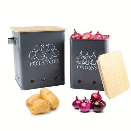 Potato Onion Storage Bin with Wooden Lid & Aerating Holes, Kitchen Vegetable Canister Organizer for Onion Potato Garlic Fruit, Countertop Food Storage Container Black White Green