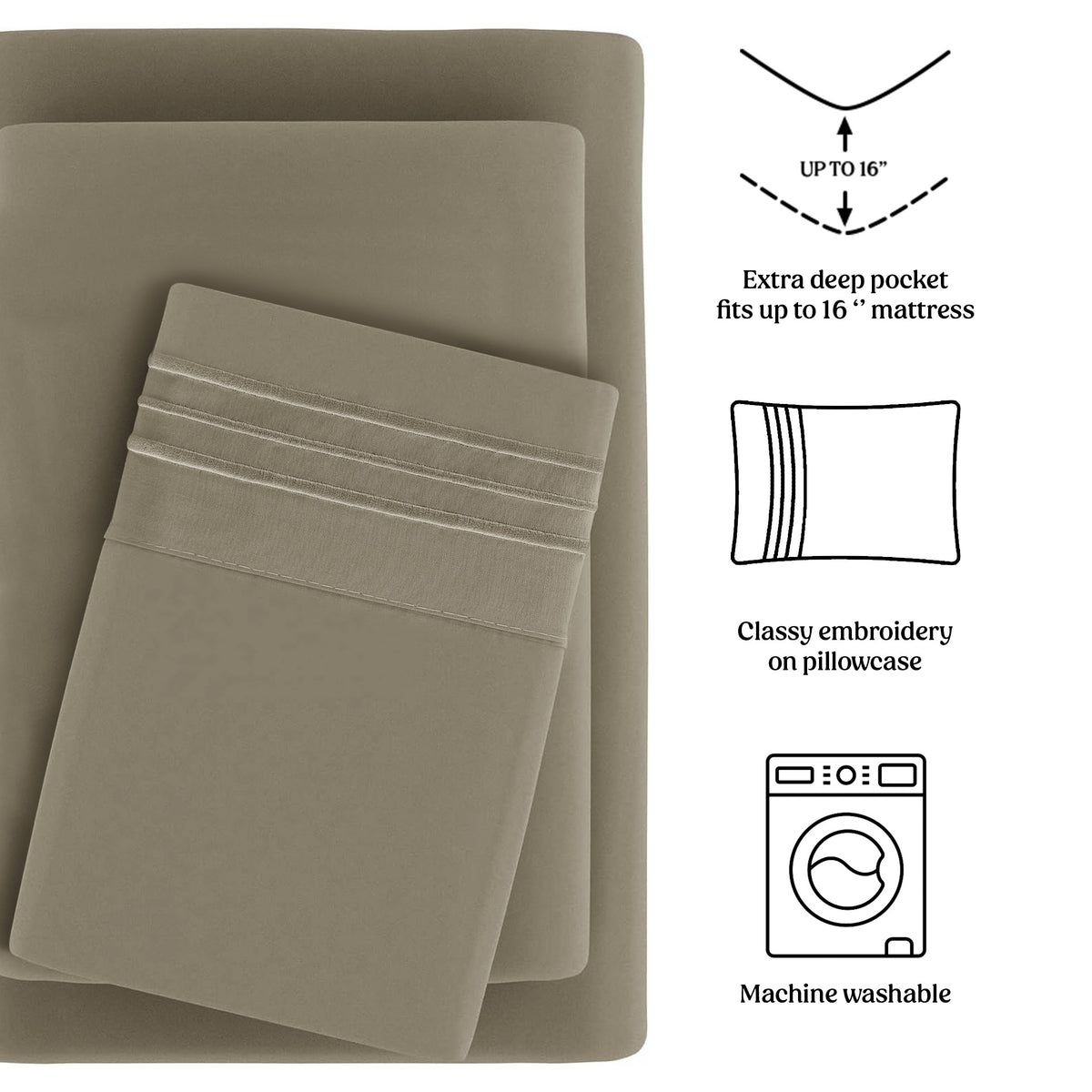 Soft Microfiber Bed Sheet Set 4-Piece 1800 Series 16 Inch Deep Pocket Hotel Luxury Cooling Sheets with Embroidered Pillowcases, Fade & Shrink Resistant, Twin to Cal King, 20 Colors