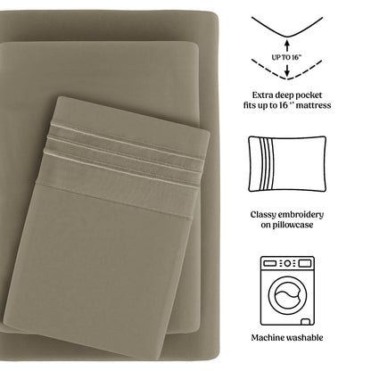 Soft Microfiber Bed Sheet Set 4-Piece 1800 Series 16 Inch Deep Pocket Hotel Luxury Cooling Sheets with Embroidered Pillowcases, Fade & Shrink Resistant, Twin to Cal King, 20 Colors