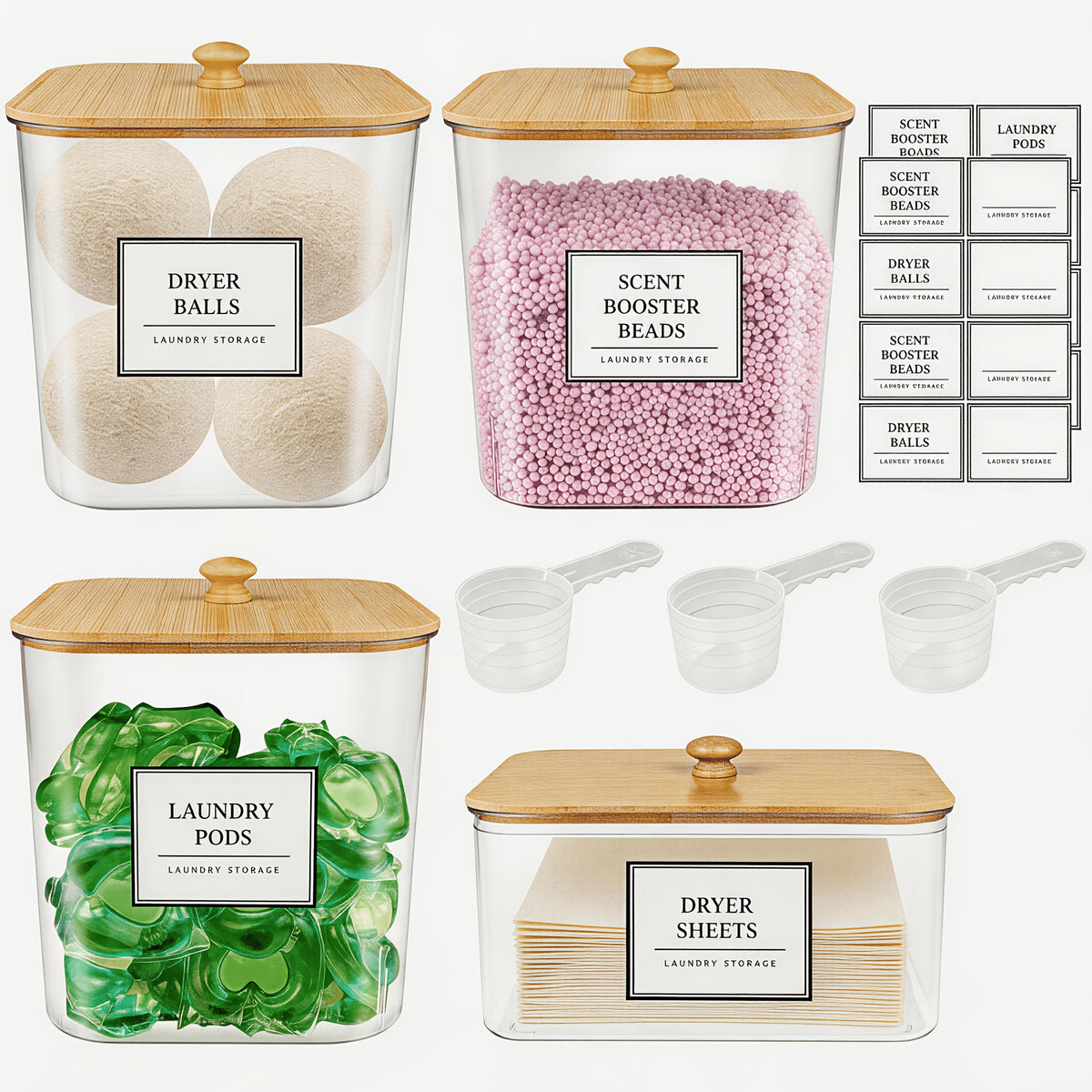 Laundry Pods Container Set with Bamboo Lid, Dryer Sheet Holder & Labels – Clear Laundry Room Organization Canisters for Scent Booster, Powder & Detergent Pods, 2/3/4-Pack