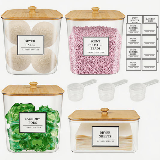 Laundry Pods Container Set with Bamboo Lid, Dryer Sheet Holder & Labels – Clear Laundry Room Organization Canisters for Scent Booster, Powder & Detergent Pods, 2/3/4-Pack