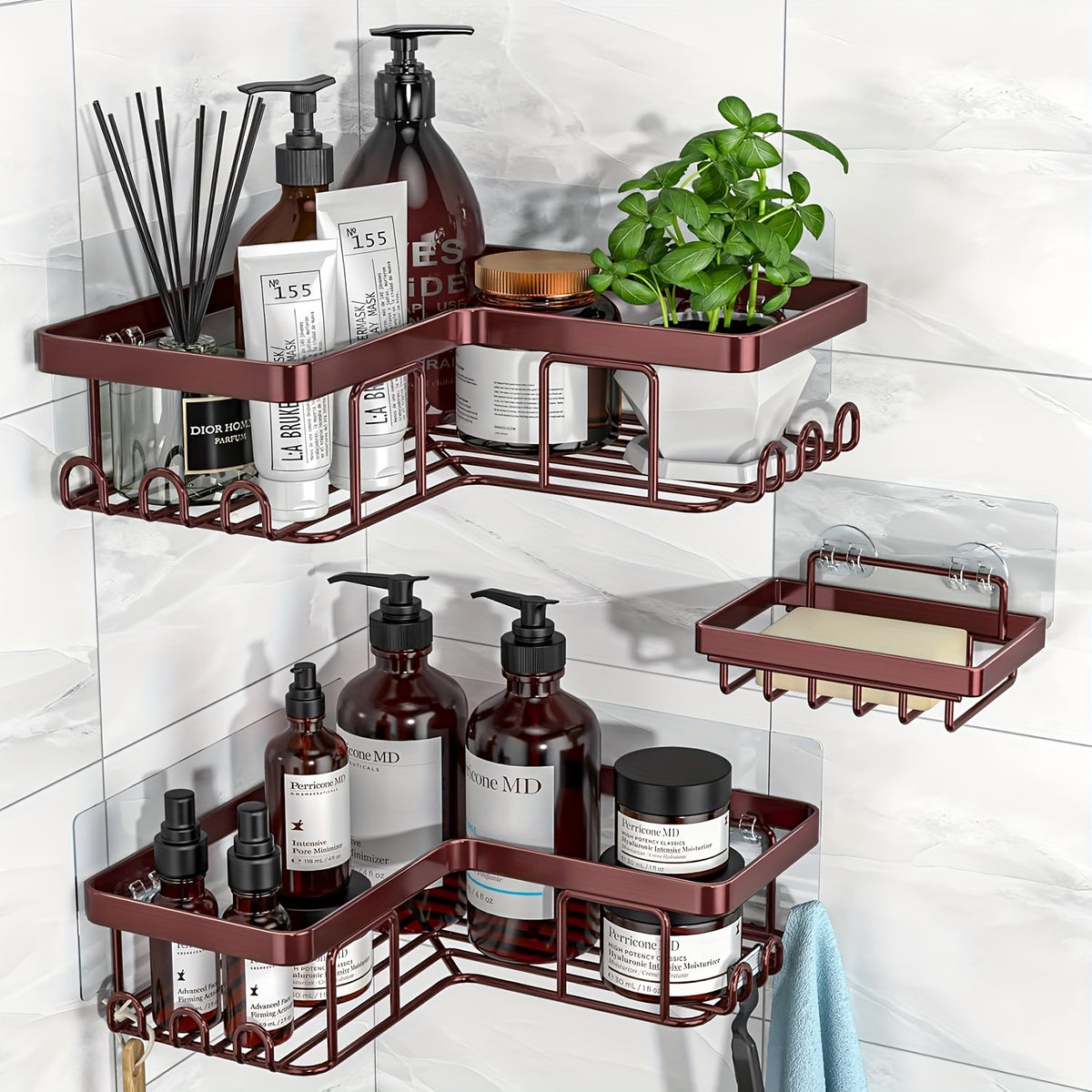 Corner Adhesive Shower Caddy 3 Pack – No Drill Wall Mounted Shower Organizer with Soap Holder & 12 Hooks, Rustproof Stainless Steel Bathroom Shelf, 8 Colors