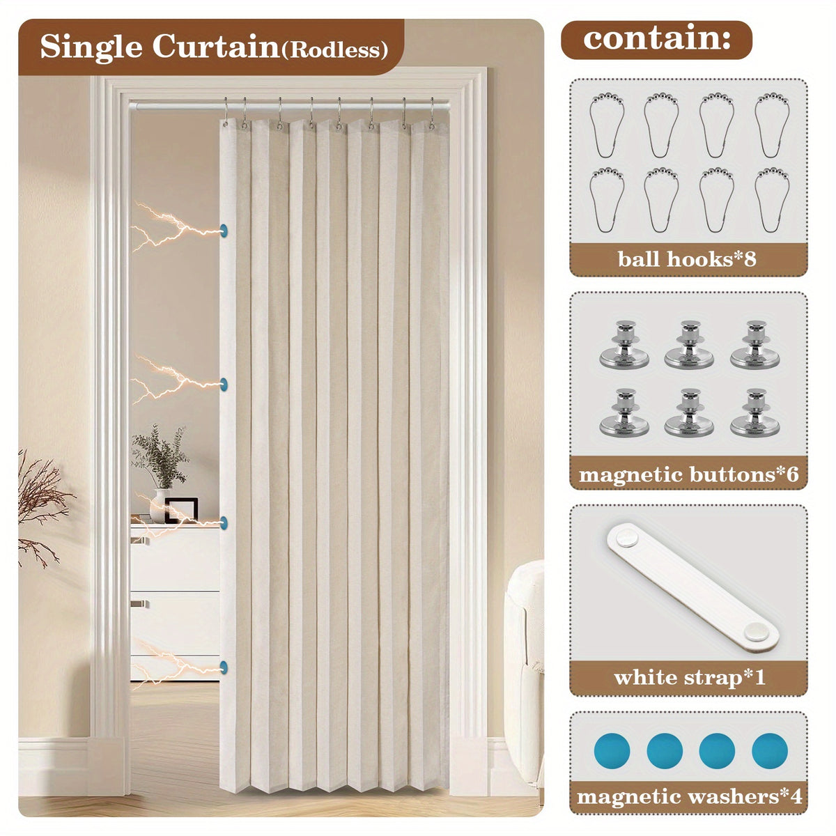 Waterproof Foldable Door Curtain No Rod Required - Privacy Partition Curtain with Hook Attachment for Bathroom Bedroom Living Room All Season Indoor Use, Easy Install Space Divider