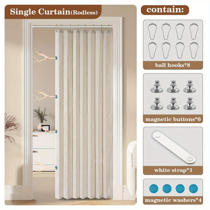 Waterproof Foldable Door Curtain No Rod Required - Privacy Partition Curtain with Hook Attachment for Bathroom Bedroom Living Room All Season Indoor Use, Easy Install Space Divider