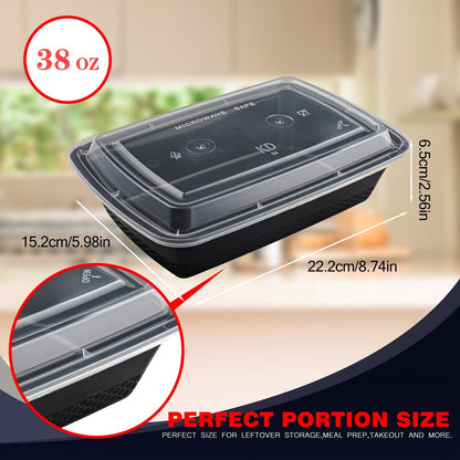 100-Pack Meal Prep Containers 38oz Black Rectangular with Lids – Stackable Leakproof Disposable Bento Box Food Storage Set, Microwave Dishwasher Freezer Safe, Ideal for Takeout & Meal Prep