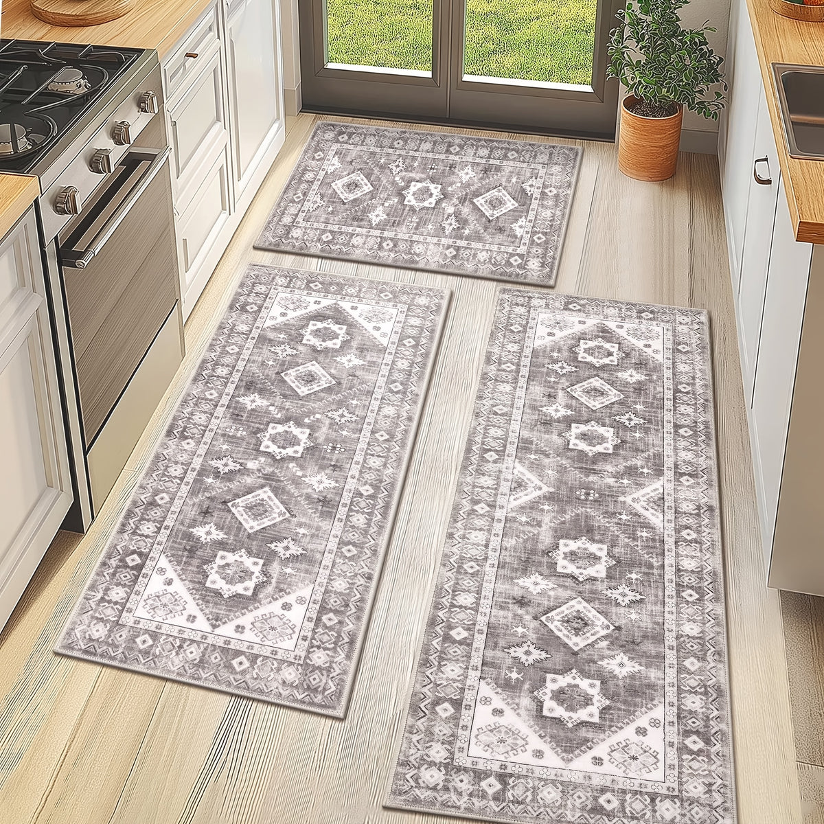 Boho Kitchen Mat Set 3-Piece with Runner – Non-Slip Washable Thick Kitchen Rugs and Mats for Floor, Kitchen Runner Rug for Hallway Laundry Room Holiday Decor