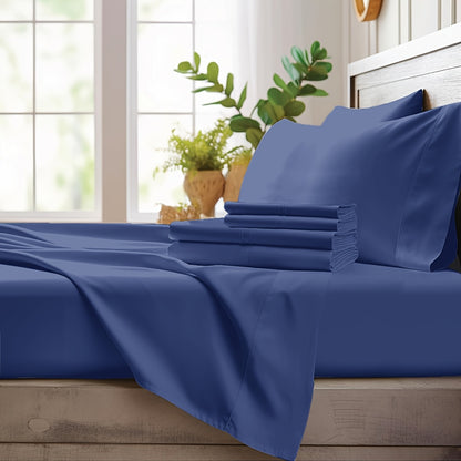 Bamboo Cooling Sheet Set 4-Piece – Cooling Bamboo Fiber Fitted Sheet, Flat Sheet & 2 Pillowcases for Hot Sleepers, Extra Deep Pocket, Twin Full Queen King, 17 Colors