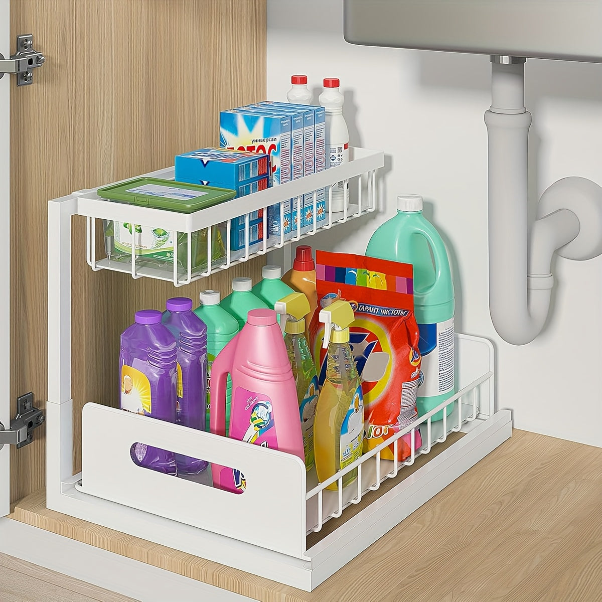 Metal Pull Out Under Sink Organizer with Sliding Drawer – Sturdy Steel Under Sink Storage Shelves for Kitchen & Bathroom Cabinet Organization, Black White Gray, 1 Pack & 2 Pack