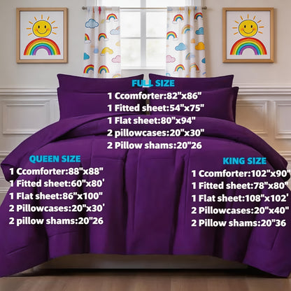 Comforter Sets Queen King Full 7 Piece Bed in a Bag – Soft Satin-Like Fabric, Breathable Quilt Set with Fitted Sheet, Flat Sheet & 4 Pillowcases, Multiple Colors for Bedroom Hotel School