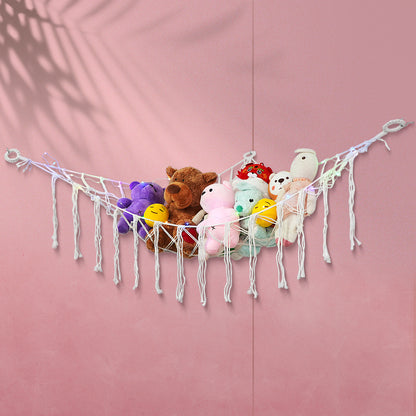 Stuffed Animal Hammock with LED Lights Corner Toy Net Organizer for Kids Bedroom Nursery Plush Toy Storage Hanging Mesh Bag