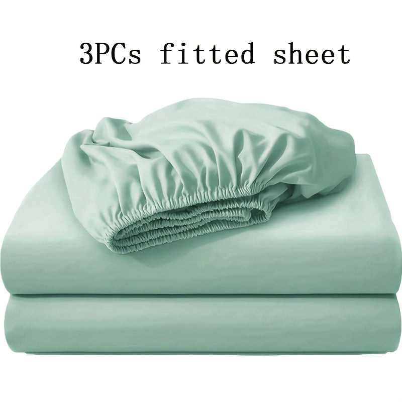 Soft Fitted Bed Sheet Set 3-Piece with 2 Pillowcases – Solid Color Layered Fitted Sheet for Bedroom Guest Room Hotel Mattress Protection