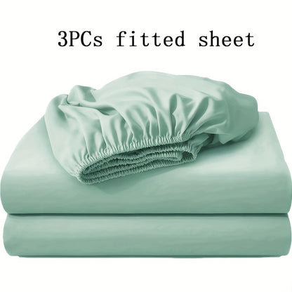 Soft Fitted Bed Sheet Set 3-Piece with 2 Pillowcases – Solid Color Layered Fitted Sheet for Bedroom Guest Room Hotel Mattress Protection