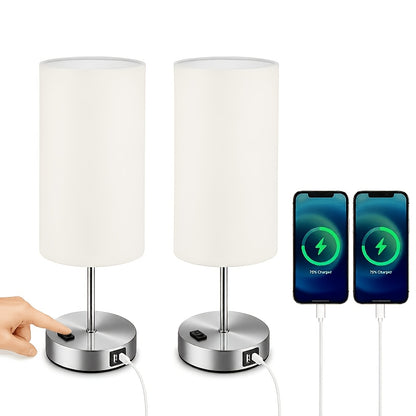 Dimmable Table Lamp with USB Charging Port and AC Outlet, 3-Way Touch Control Bedside Nightstand Lamp with Wood Metal Base and LED Bulb Included, Modern Desk Light for Bedroom Living Room Office