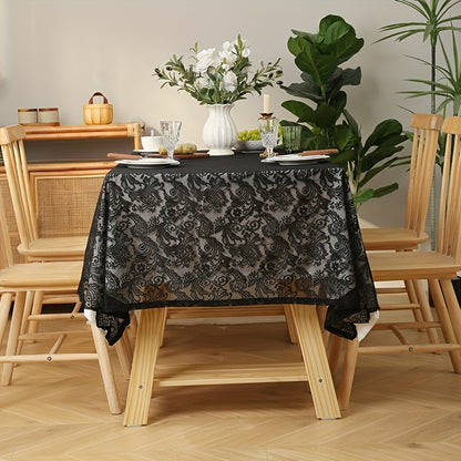 Lace Tablecloth Rectangular Floral Embroidered Wedding Dinner Table Cover - White & Black, Multiple Sizes, Polyester Machine-Made Holiday Home Decor