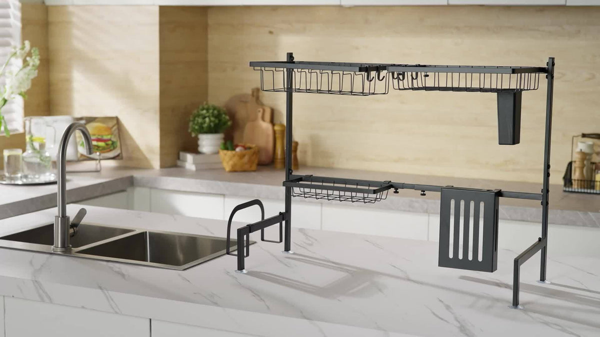 Over Sink Dish Drying Rack 2 Tier Expandable - 304 Stainless Steel Kitchen Dish Rack with Drainage Tray Utensil Holder Knife Holder Cutting Board Holder, Adjustable 30-34 Inch Black