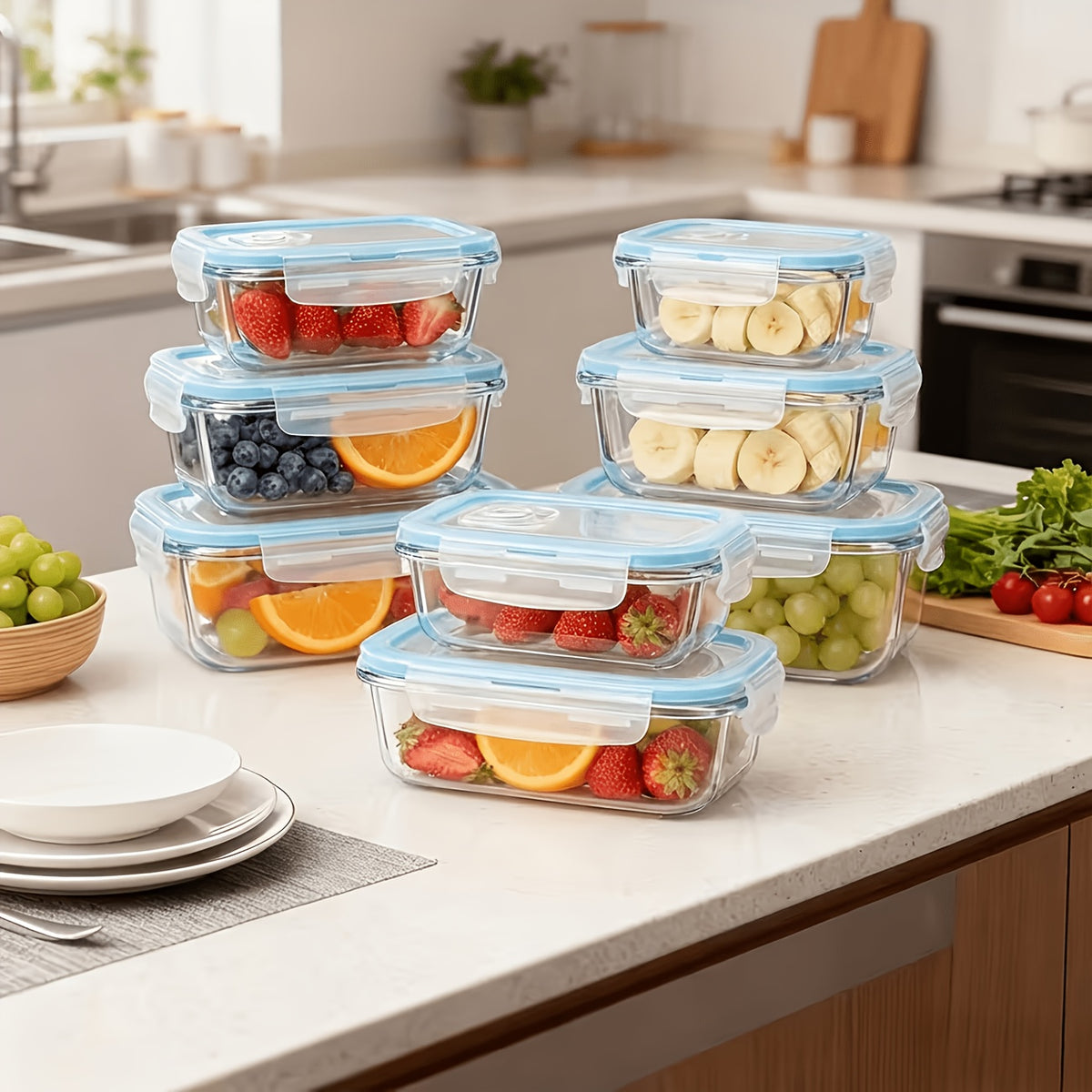 Glass Food Storage Containers Set 16 Piece – Airtight Borosilicate Glass Meal Prep Containers with Lids, Microwave Oven Safe, Lunch Box for Salads Fruits Vegetables, Gray Green Blue Colorful