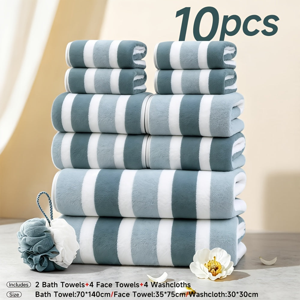 Microfiber Towel Set – Ultra-Soft No Lint Two-Color Striped Bath Towels, Super Absorbent Five-Star Hotel Standard, Available in 1, 3 & 10 Piece Sets for Bathroom, Beach, Gym & Spa