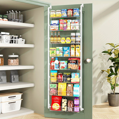 Over The Door Organizer, Heavy-Duty Metal Pantry Rack with 6 or 8 Shelves – Space-Saving Multi-Level Storage for Kitchen, Bathroom & Laundry Room, Spice Rack & Cabinet Door Hanging Shelf, Black or White