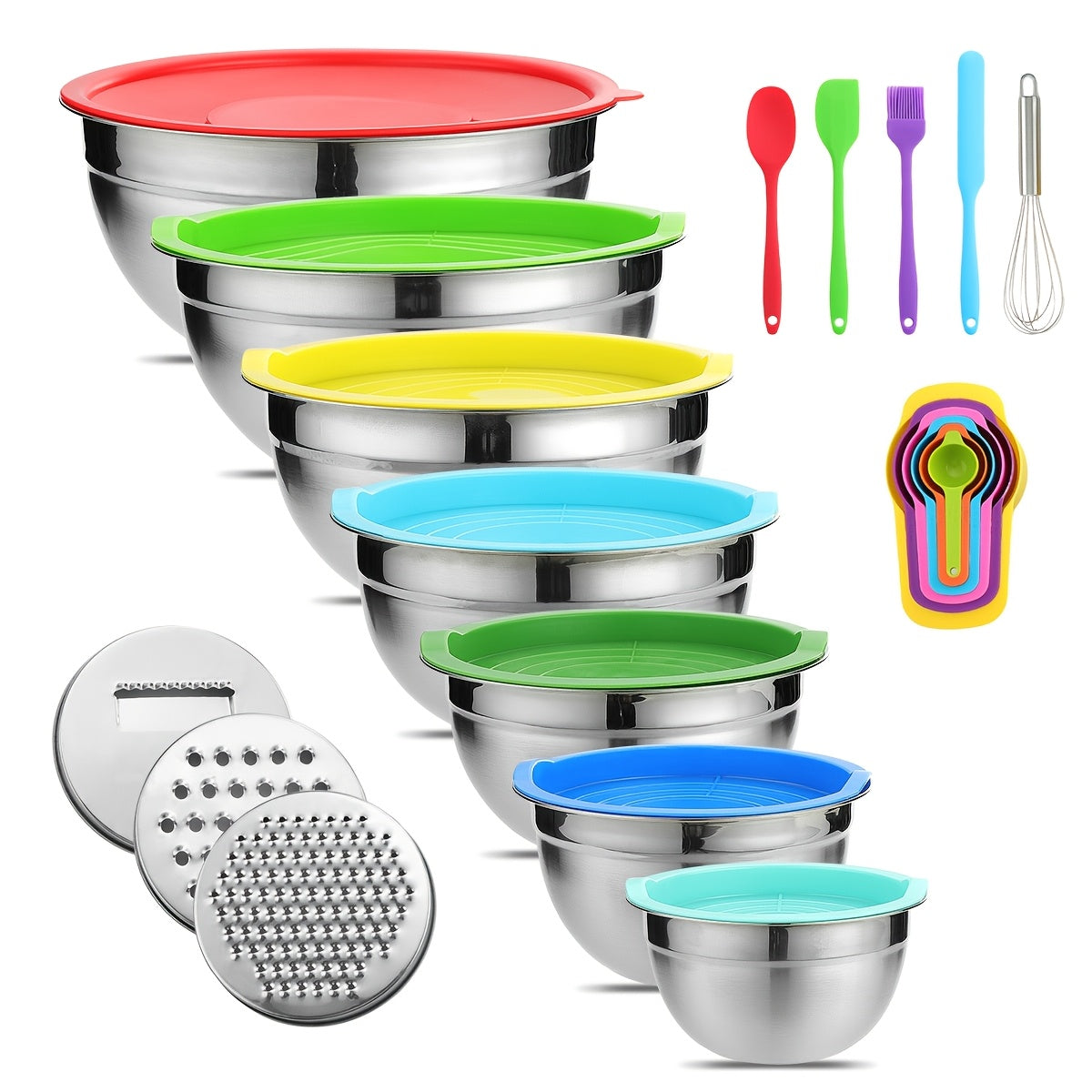 Stainless Steel Mixing Bowls Set 21-Piece with Lids & 3 Grater Attachments – Nesting Bowls 0.7QT to 4.5QT for Cooking, Baking & Serving, Kitchen Bowl Set